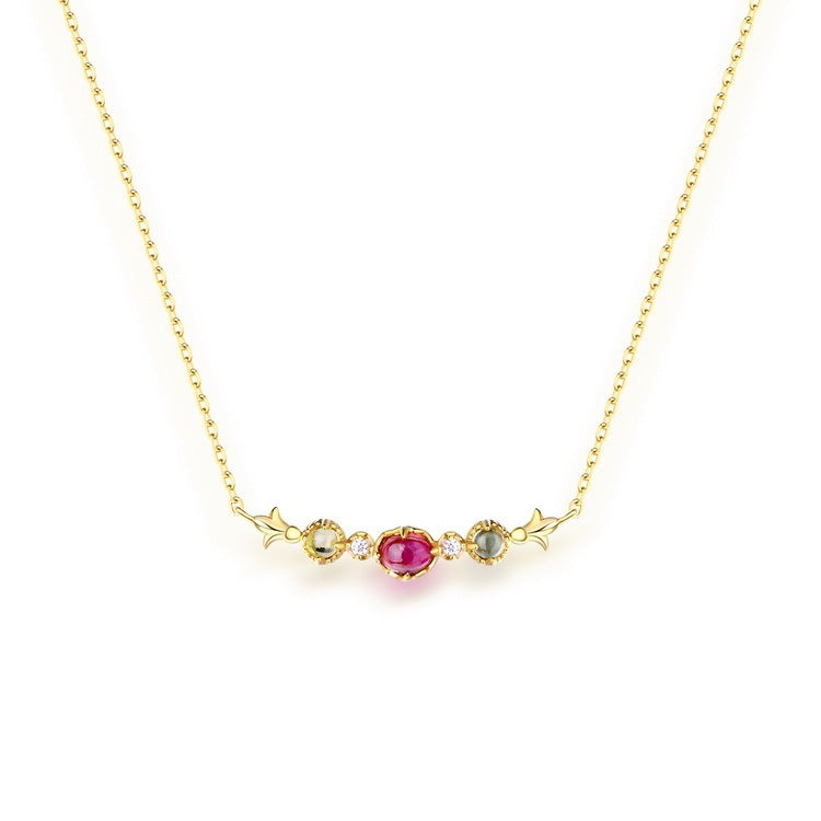 Natural Red Tourmaline Japanese Luxury Jewelry 925 Sterling Silver Plated 18K Gold Topaz Lemon Crystal Clavicle Necklace