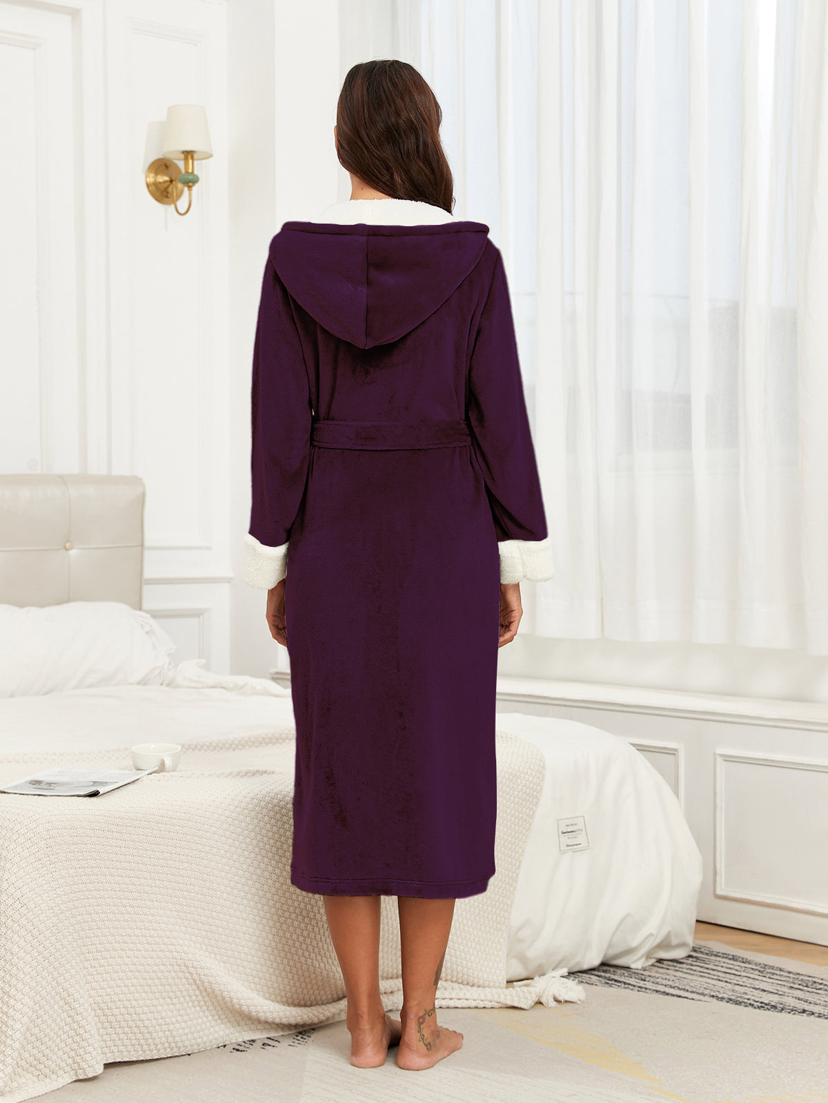 RONGTAI Womens Long Robes Plush Fleece Nightgown Thick Hooded Bathrobe With Pockets Fluffy Sleepwear For Men